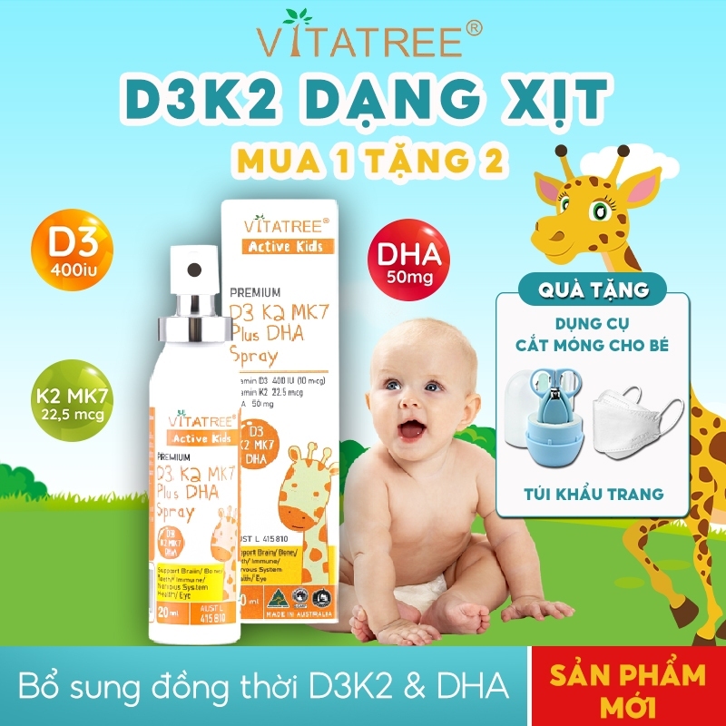 D3k2 Dha Mk7 Dạng Xịt Dành Cho Trẻ Vitatree Premium D3k2mk7 Plus Dha Spray 20ml Giúp Bé Hấp Thụ