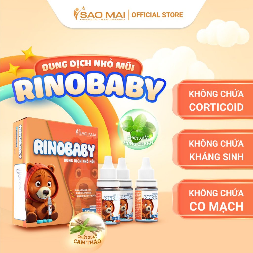COMBO 2 HỘP DUNG DỊCH NHỎ MŨI CHO TRẺ EM RINOBABY VỊ NGỌT 1 HỘP 3 CHAI 10ML