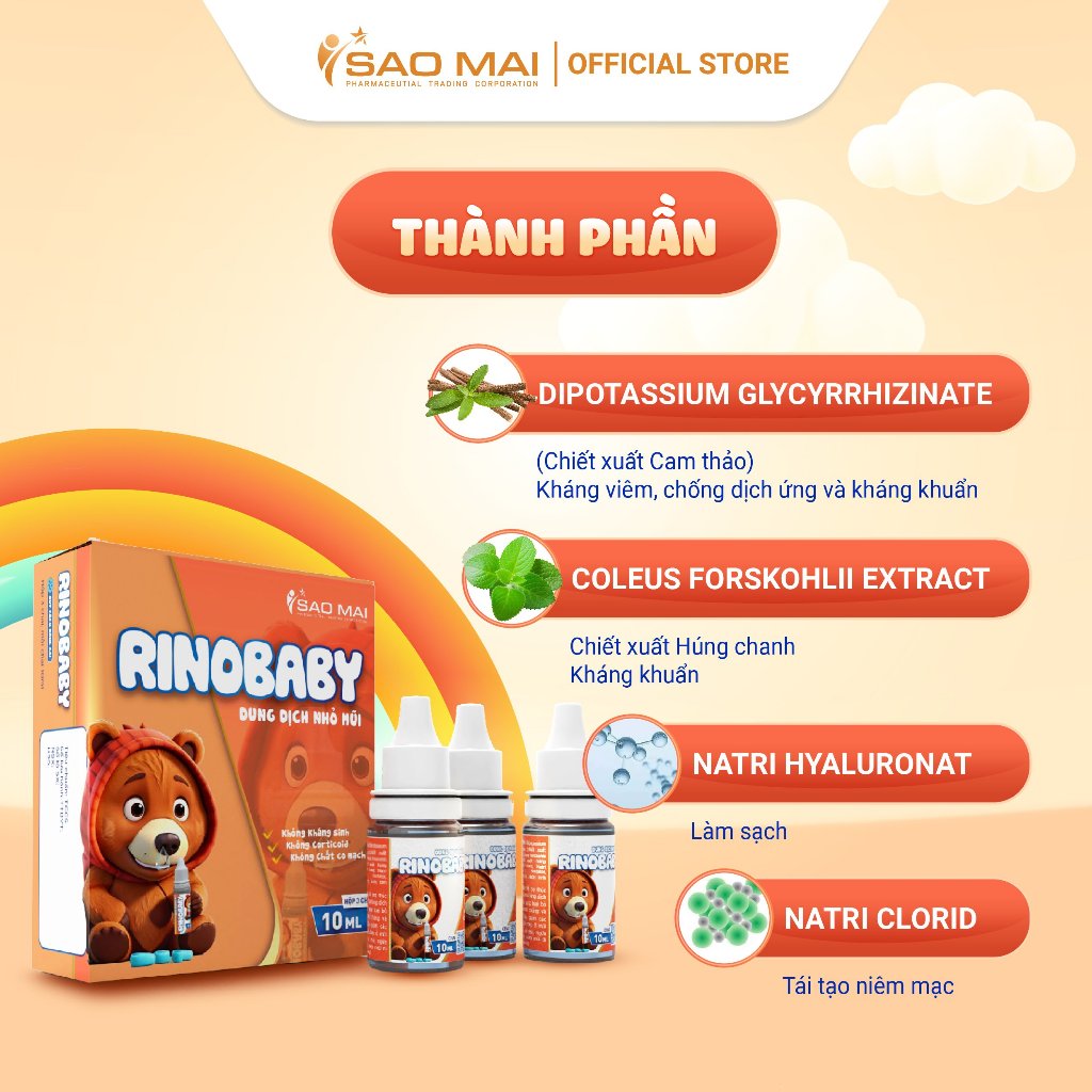 COMBO 2 HỘP DUNG DỊCH NHỎ MŨI CHO TRẺ EM RINOBABY VỊ NGỌT 1 HỘP 3 CHAI 10ML