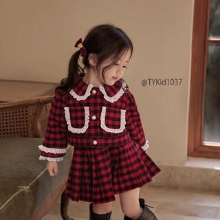 Quần áo trẻ em, Set dạ cao cấp bé gái họa tiết caro đỏ phối ren trắng cho bé 8-25kg S1037 | Tiểu Yến KID