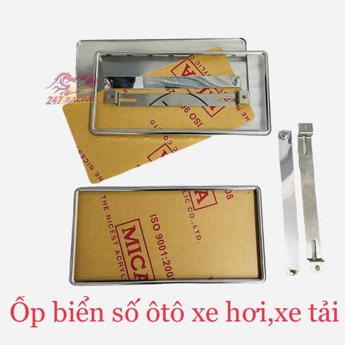 Bộ Khung biển số INOX trắng ô tô xe hơi xe tải có mica kèm viền bao inox dùng cho biển vuông kích thước 17cm x34cm