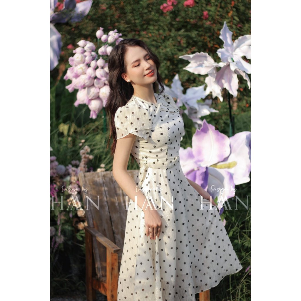 Váy công sở nữ HAAN dáng dài chiết eo, chất liệu lụa xước mềm mại chấm bi từ 40-65kg (V16)