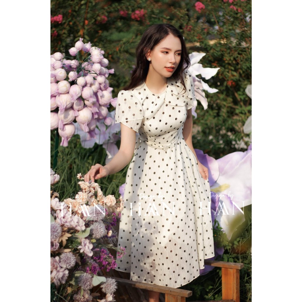 Váy công sở nữ HAAN dáng dài chiết eo, chất liệu lụa xước mềm mại chấm bi từ 40-65kg (V16)