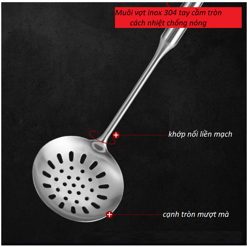 Inox 304 Muôi Đục Lỗ, Cái Vá Cán Tròn 37cm Vớt Xương, vớt rau củ quả ...