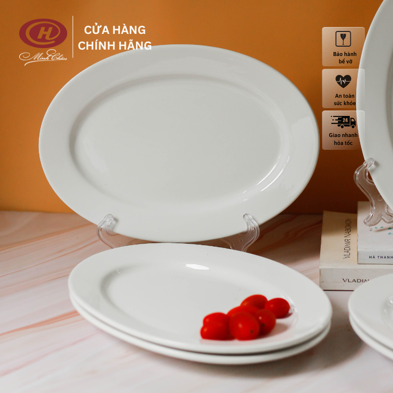 Đĩa Xoài Cạn Dáng Bầu Dục Trắng Trơn - Sứ Minh Châu
