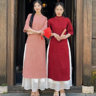 Set áo dài cách tân nhung đính ngọc cổ tay lửng kèm chân váy, áo dài Tết 2024 - 247store - Aodaidinhngoc1450_P11K
