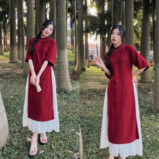 Set áo dài cách tân nhung đính ngọc cổ tay lửng kèm chân váy, áo dài Tết 2024 - 247store - Aodaidinhngoc1450_P11K
