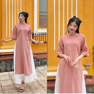 Set áo dài cách tân nhung đính ngọc cổ tay lửng kèm chân váy, áo dài Tết 2024 - 247store - Aodaidinhngoc1450_P11K