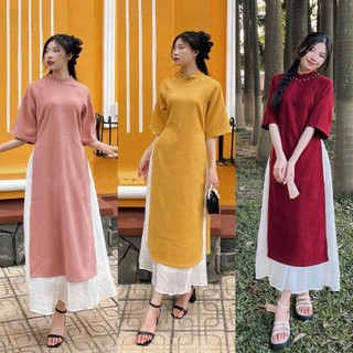 Set áo dài cách tân nhung đính ngọc cổ tay lửng kèm chân váy, áo dài Tết 2024 - 247store - Aodaidinhngoc1450_P11K