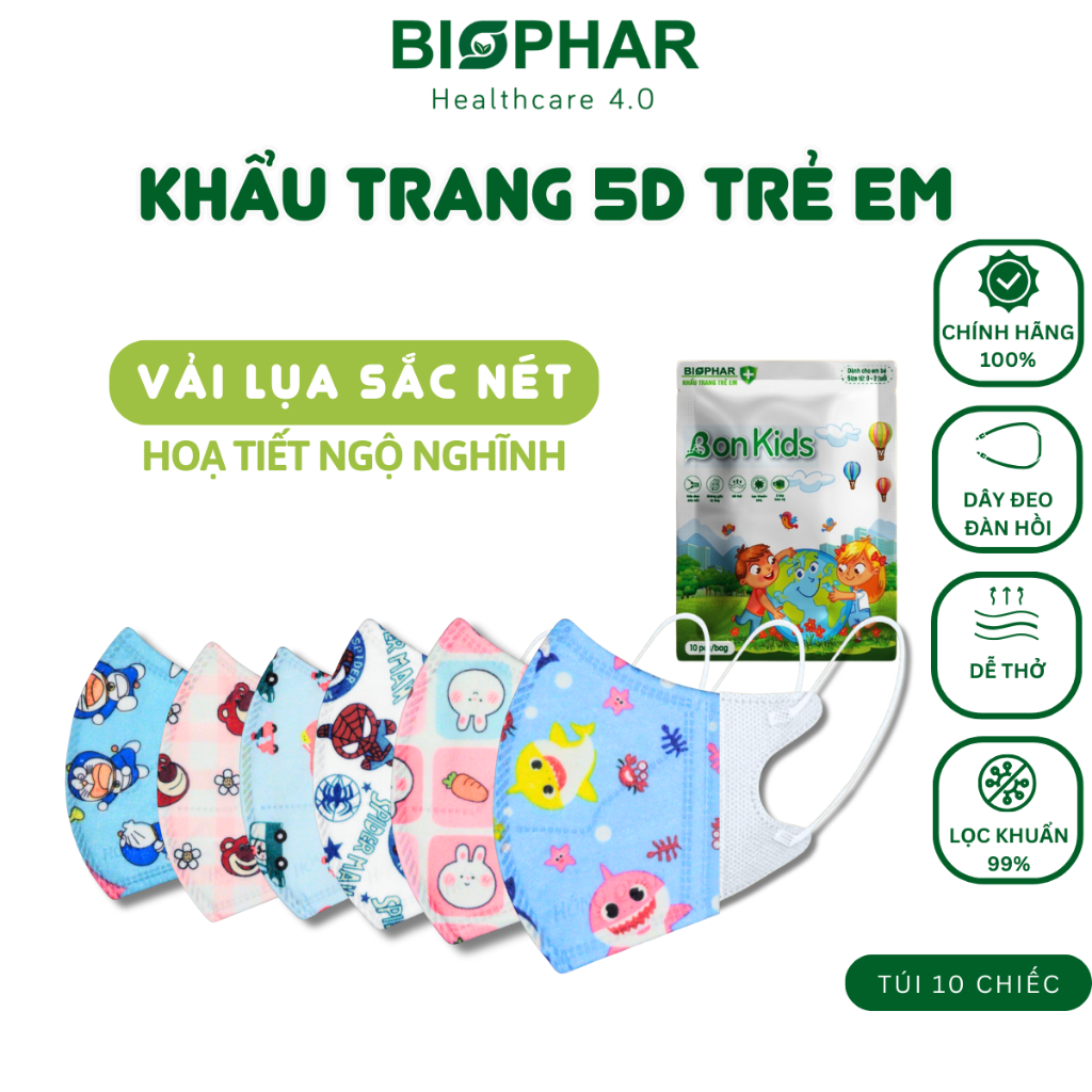 Combo 50 Chiếc Khẩu Trang 5D Cho Bé Bon Kids 3 Lớp Vải Lụa Hoạ Tiết Đẹp, Chính Hãng Biophar