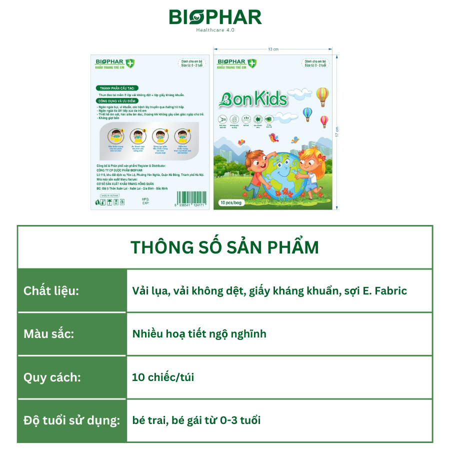 Combo 50 Chiếc Khẩu Trang 5D Cho Bé Bon Kids 3 Lớp Vải Lụa Hoạ Tiết Đẹp, Chính Hãng Biophar