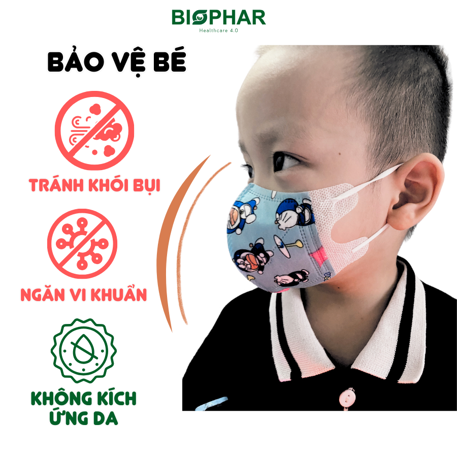 Combo 50 Chiếc Khẩu Trang 5D Cho Bé Bon Kids 3 Lớp Vải Lụa Hoạ Tiết Đẹp, Chính Hãng Biophar