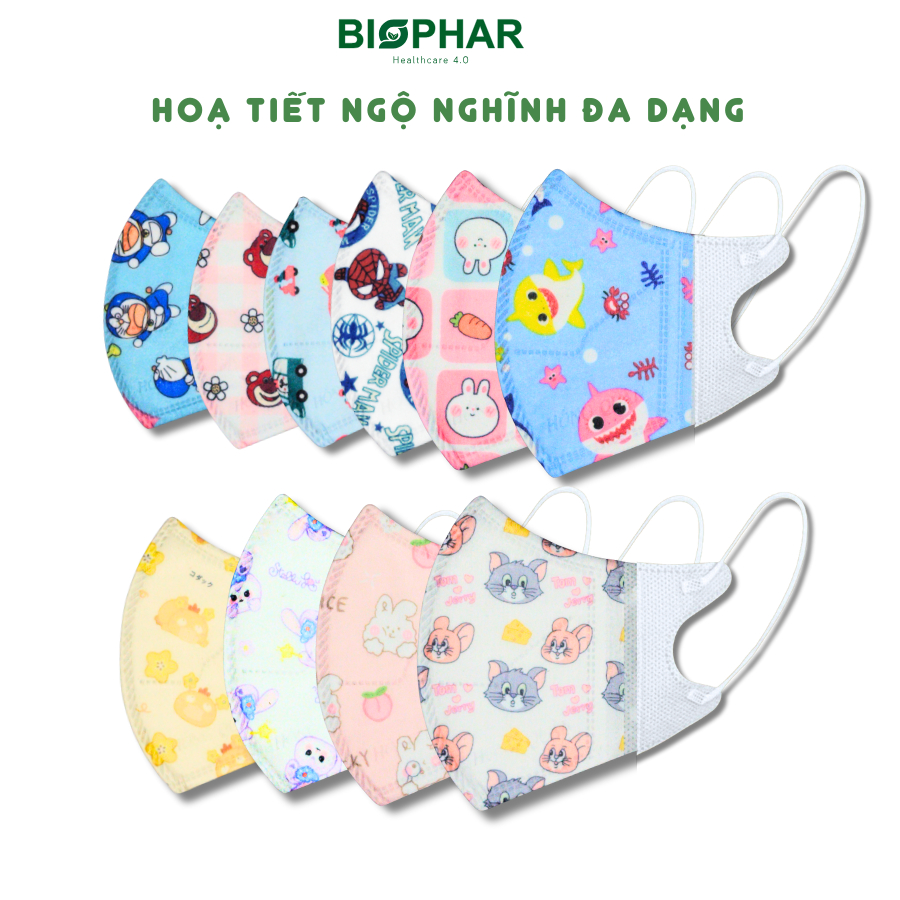 Combo 50 Chiếc Khẩu Trang 5D Cho Bé Bon Kids 3 Lớp Vải Lụa Hoạ Tiết Đẹp, Chính Hãng Biophar