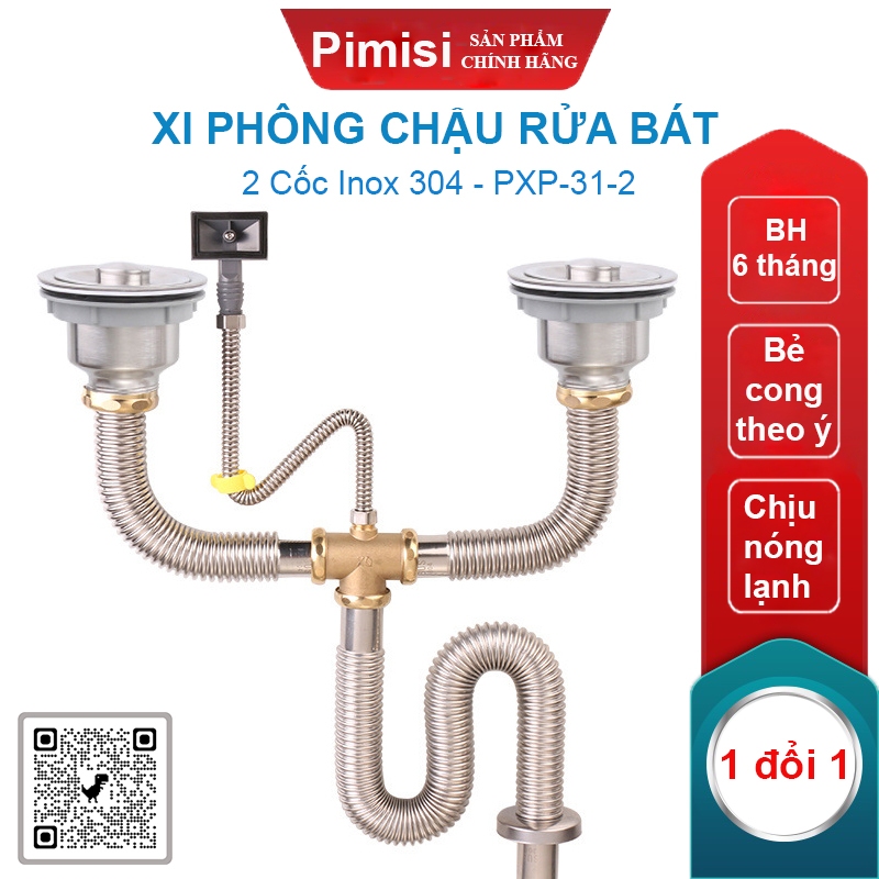 Xi Phông Chậu Rửa Bát 2 Hố Pimisi PXP-31-2 Inox Cao Cấp Kiểu Chun Uốn ...