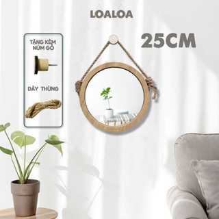 Gương Tròn Treo Tường Viền Gỗ , Gương Trang Điểm Tặng Kèm Dây Thừng Và Núm Gỗ Size 25cm