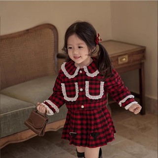 Quần áo trẻ em, Set dạ cao cấp bé gái họa tiết caro đỏ phối ren trắng cho bé 8-25kg S1037 | Tiểu Yến KID