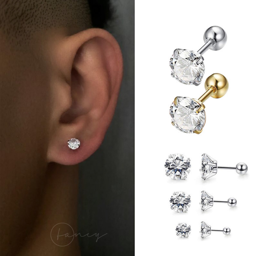 Khuyên Tai Đá Nam Bông Tai Nam Nữ Nụ Đính Đá Khuyên Unisex Thép Không Gỉ 2 Màu Bạc Vàng Nhiều kích cỡ | fancy .