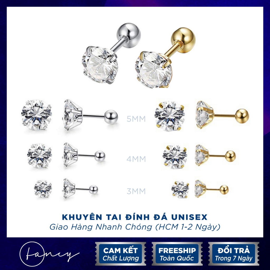 Khuyên Tai Đá Nam Bông Tai Nam Nữ Nụ Đính Đá Khuyên Unisex Thép Không Gỉ 2 Màu Bạc Vàng Nhiều kích cỡ | fancy .