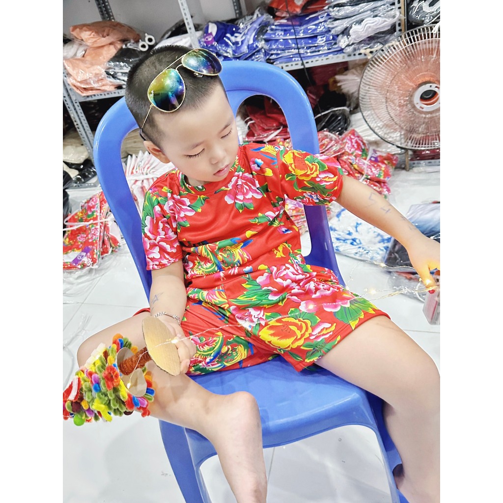 Bộ Đồ Cho Bé Trai Gài - Set mặc nhà đi chơi chúc tết du xuân họa tiên hoa đuôi con công khăn trải bàn rồng - Kl1
