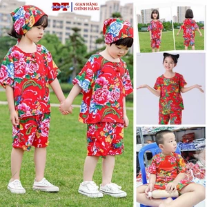 Bộ Đồ Ngắn Tay Họa Tiết Hoa Con Công rồng triện Cho Bé - Set Áo Kèm Quần Chúc Tết Du Xuân Khăn Trải Bàn - KL2