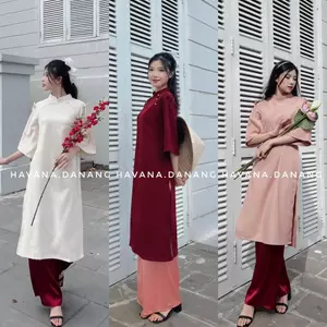 Set áo dài cách tân nhung chéo tay lửng đính cúc ngọc phối nơ hai bên vai tặng kèm quần lụa HAVANA AD40