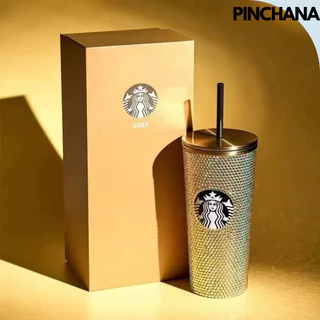Ly giữ nhiệt Starbucks Gold lấp lánh 473ml, bình nước inox 304 bản mới nhất fullbox kèm ống hút Pinchana