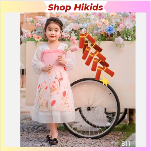 Set Áo Dài TẾT Cách Tân + Váy 1-10 Tuổi Dài Tay Dáng váy Xòe Hình Cô Gái Màu Hồng Mặc Tết