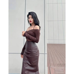 CÓ TÁCH LẺ - Set áo trễ vai dài tay phối lưới quyến rũ cùng chân váy da dáng bút chì cạp cao kèm belt 𝑳𝒂𝒍𝒊𝒏 𝑺𝒆𝒕