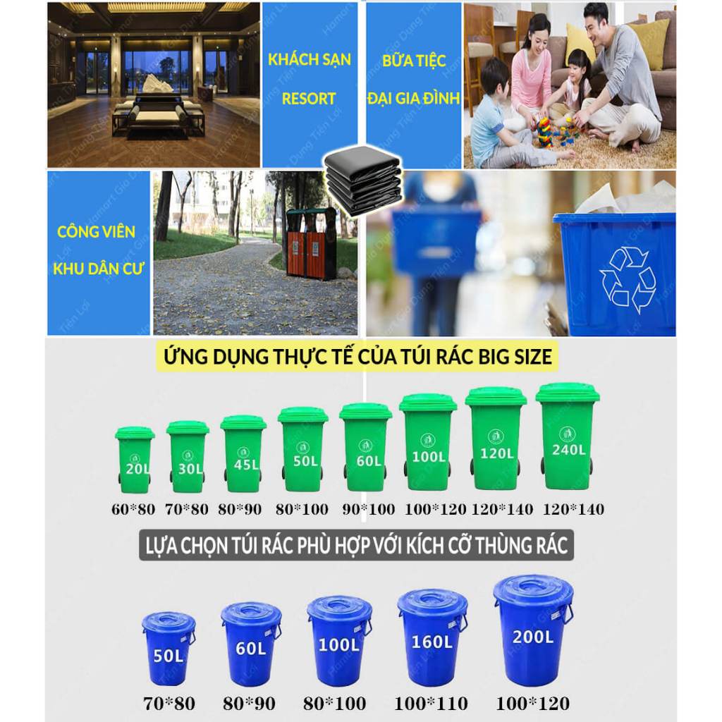 COMBO 50 Túi Đựng Rác Size Đại 50L 60L 100L 120L Bao Bọc Rác Siêu To Cỡ ...