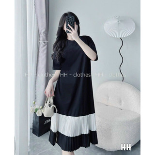 VÁY BẦU THUN CỔ TRÒN CHÂN VÁY DẬP LY PHA TRẮNG - 2 Màu
