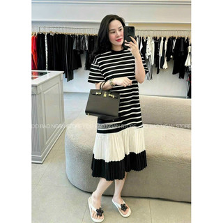 VÁY BẦU THUN CỔ TRÒN CHÂN VÁY DẬP LY PHA TRẮNG - 2 Màu