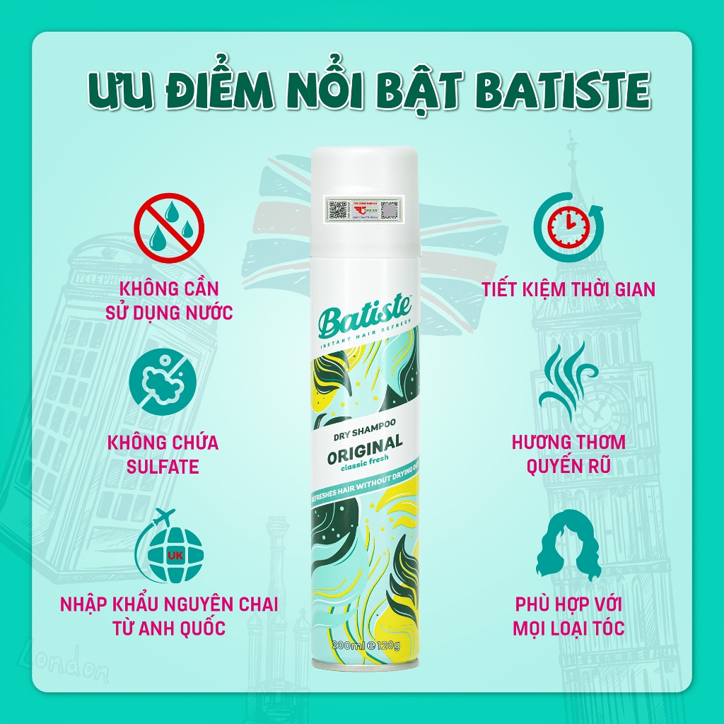 Ảnh Dầu gội khô Batiste Dry Shampoo, giúp làm tóc bồng bềnh, loại bỏ dầu thừa, bết dính - 200ml 2