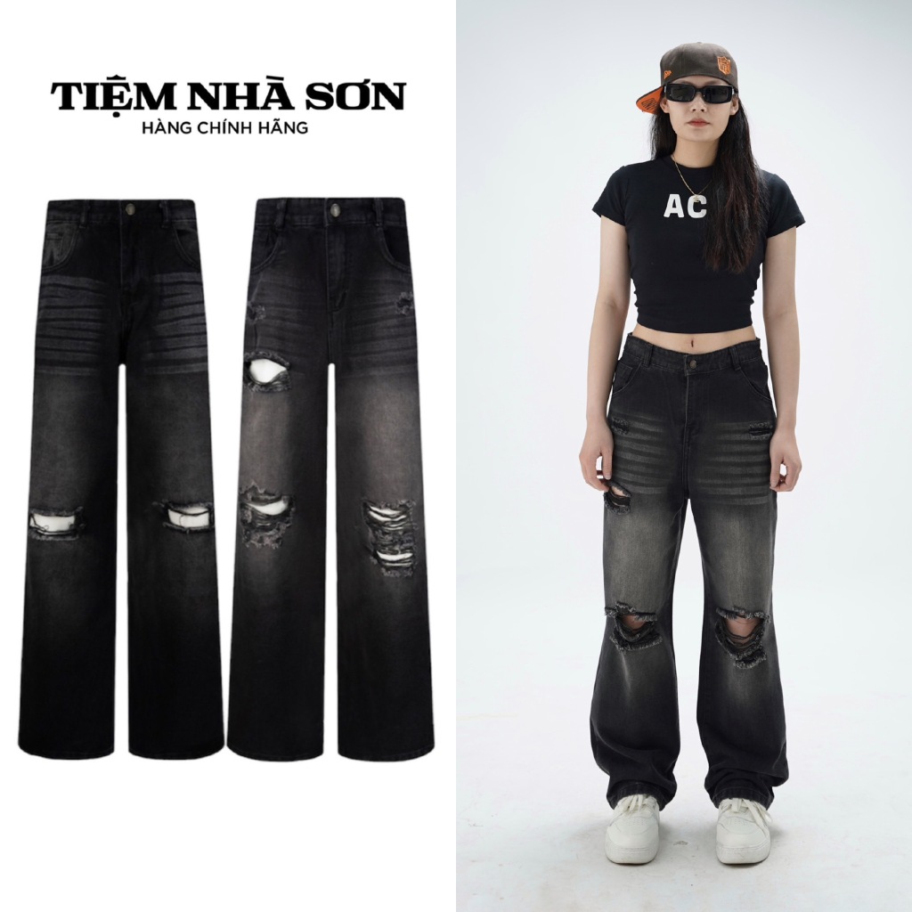 Quần Jean Wash Rách Nam Nữ, Ống Rộng Cạp Cao Unisex, Chất Vải Denim Dày ...