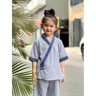 thời trang bé gái thêu ba nút, đồ lam đi chùa trẻ em nữ, đồ bộ