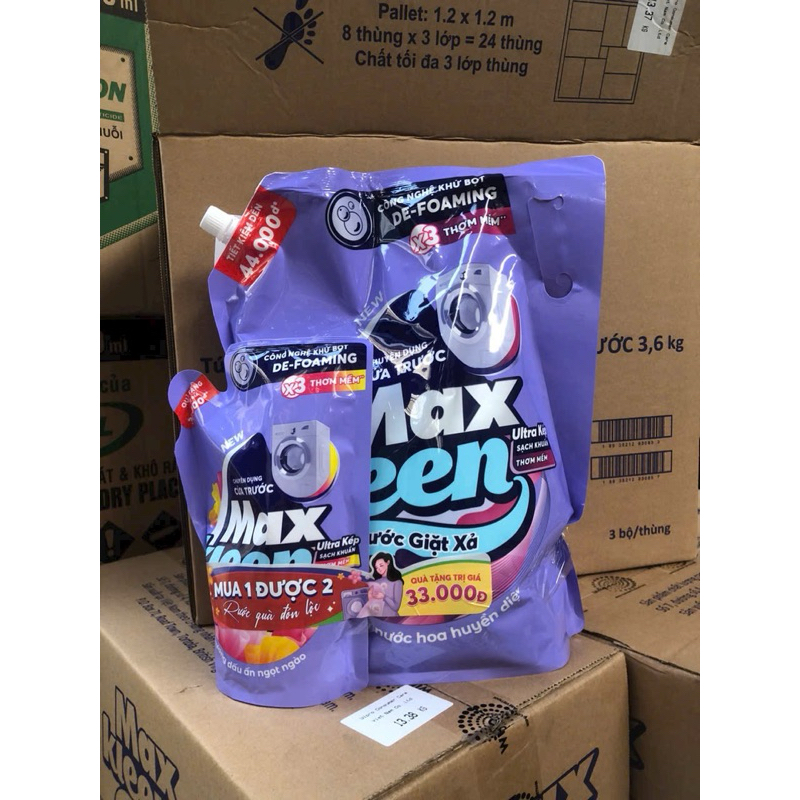 ( mua 1 tặng 1)Túi Nước Giặt Xả MaxKleen chuyên dụng Cửa Trước 3.6kg Tặng thêm Túi 400gr mùi ngẫu nhiên