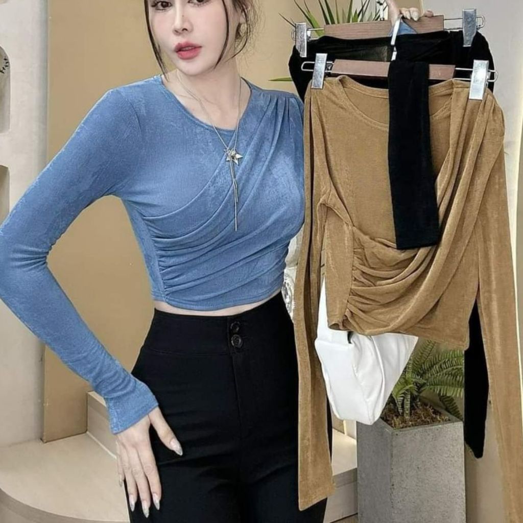 Áo Thun Nhũ Tay Dài Bigsize ESHOP Ôm Body - Áo Kiểu Cổ Tròn Đổ Thiết Kế Xếp Ly Dễ Thương MS107
