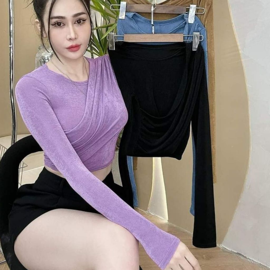 Áo Thun Nhũ Tay Dài Bigsize ESHOP Ôm Body - Áo Kiểu Cổ Tròn Đổ Thiết Kế Xếp Ly Dễ Thương MS107