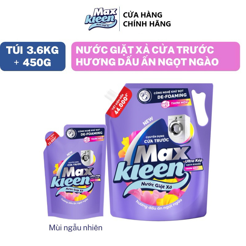 ( mua 1 tặng 1)Túi Nước Giặt Xả MaxKleen chuyên dụng Cửa Trước 3.6kg Tặng thêm Túi 400gr mùi ngẫu nhiên