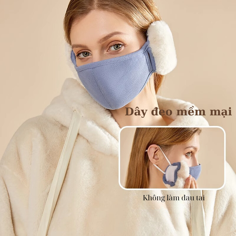 Khẩu trang bịt tai vải lông cừu giữ ấm chống bụi mịn, khẩu trang vải bảo vệ tai ủ ấm chống gió lạnh mùa đông