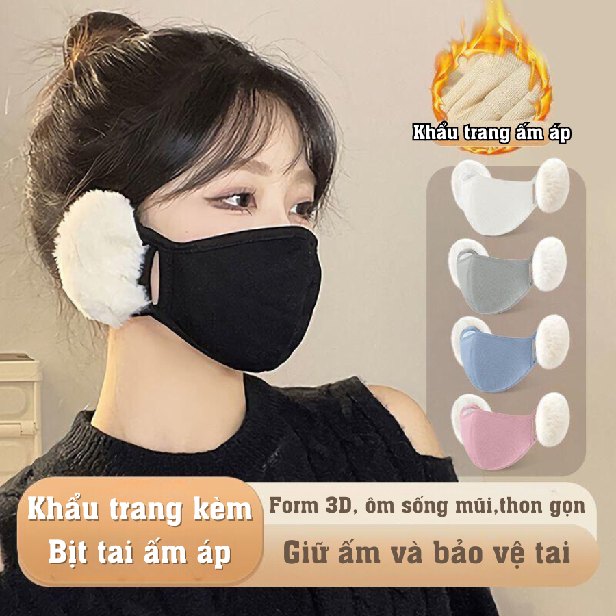 Khẩu trang bịt tai vải lông cừu giữ ấm chống bụi mịn, khẩu trang vải bảo vệ tai ủ ấm chống gió lạnh mùa đông
