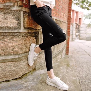 Quần jean nữ đen AMILY màu trắng rách skinny lưng cao co giãn có BIGSIZE