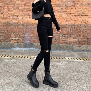Quần Jean Nữ Lưng Cao AMILY màu đen trơn rách gối dáng Skinny Tôn Dáng