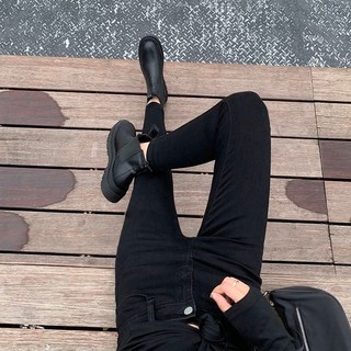 Quần Jean Nữ Lưng Cao AMILY màu đen trơn rách gối dáng Skinny Tôn Dáng