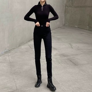 Quần Jean Đen Nữ AMILY Lưng Cao dáng skinny rách gối co giãn có BIGSIZE