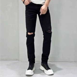 Quần jean nam AMILY độc lạ đen rách gối phối đường khác biệt, co giãn nhẹ từ 35kg đến 99kg