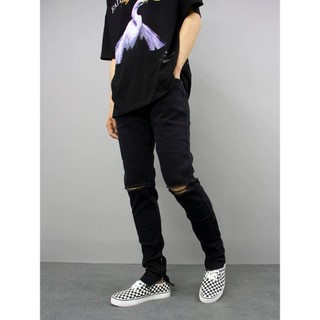 Quần Skinny Jeans Nam AMILY Màu Đen Trơn Vải Co Giãn,Có Zipper,Trơn và Rách Gối thời trang