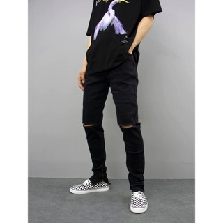 Quần Skinny Jeans Nam AMILY Màu Đen Trơn Vải Co Giãn,Có Zipper,Trơn và Rách Gối thời trang