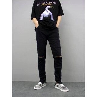 Quần Skinny Jeans Nam AMILY Màu Đen Trơn Vải Co Giãn,Có Zipper,Trơn và Rách Gối thời trang
