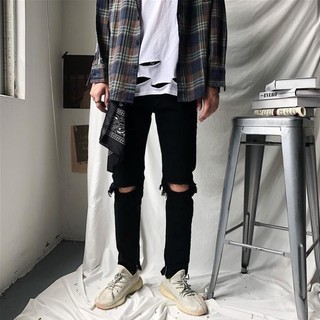 Quần Skinny Jeans Đen AMILY Vải Co Giãn,Có Zipper, bò rách gối to ngang có khóa ống chân