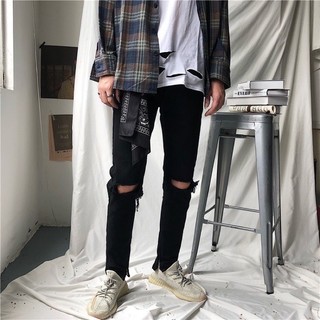 Quần Skinny Jeans Đen AMILY Vải Co Giãn,Có Zipper, bò rách gối to ngang có khóa ống chân
